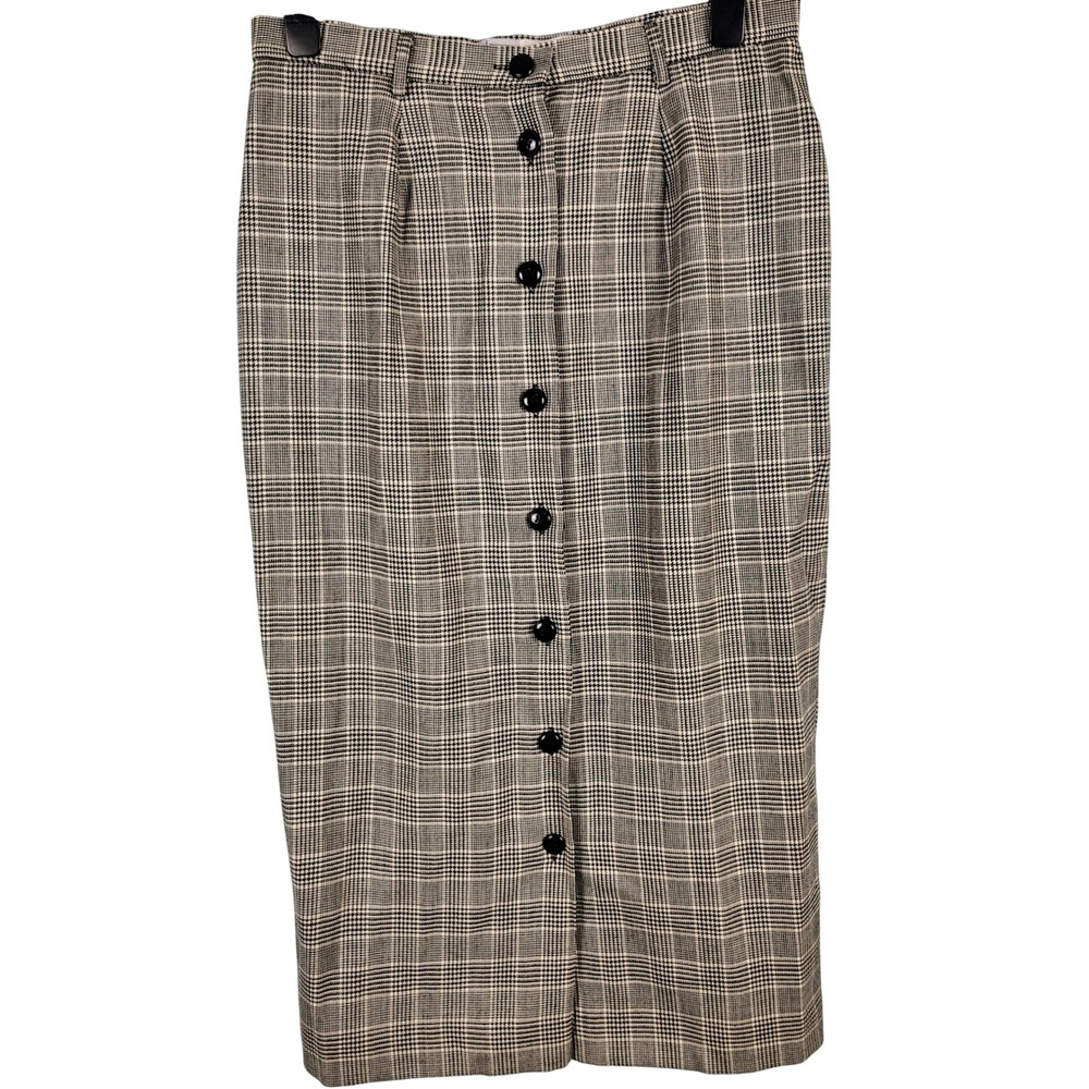 Womens SZ 16 JH Collectibles Plaid Button Front Midi Skirt Black White Wool